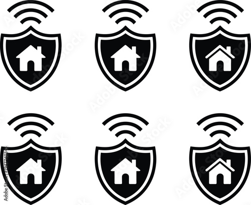 Smart Home Security Shield Icons with WiFi Signal for Wireless House Protection, Modern Smart House Monitoring, Network Safety, Alarm System and Connected Home Technology Concept
