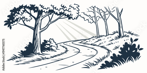 A winding road through a wooded area with trees Vector