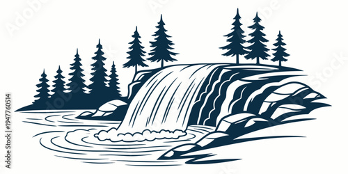 A waterfall in a forest with trees on a hill Vector