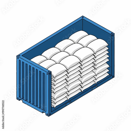Blue shipping container filled with white bags.
