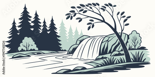 A scenic waterfall in a forest with a tree and rocks Vector