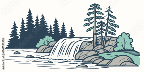A waterfall in a forest with trees and rocks Vector