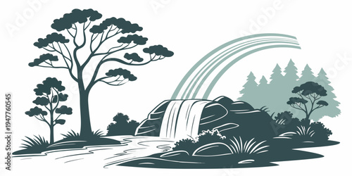 A waterfall in a forest with trees and bushes Vector