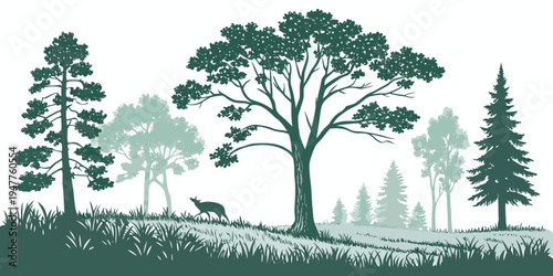 A serene forest landscape with trees and a deer Vector