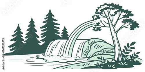 A green illustration of a waterfall in the woods Vector