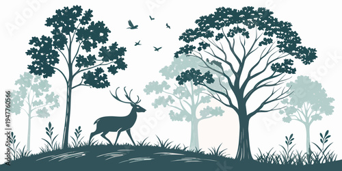 A deer walking through a forest with trees and birds Vector