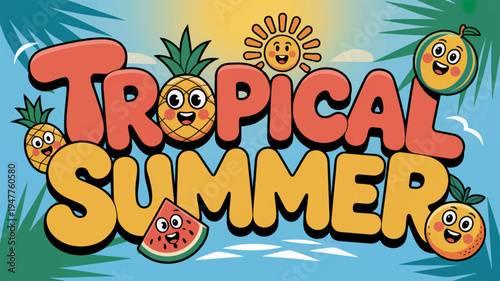 Tropical summer vacation theme with smiling fruits and sunny background