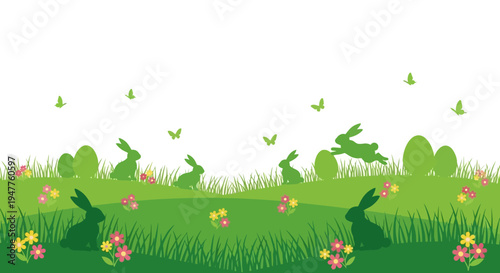 Easter bunnies and colorful eggs in a vibrant green meadow.