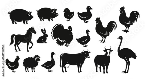 Collection of various farm animals in silhouette, showcasing common livestock and poultry.
