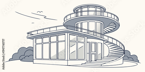 A house with a spiral staircase and a flat roof Vector