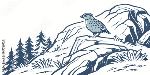 A bird perched on a snowy mountain with trees Vector