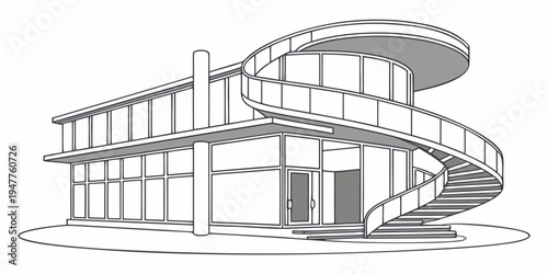 A large building with a spiral ramp and many windows Vector