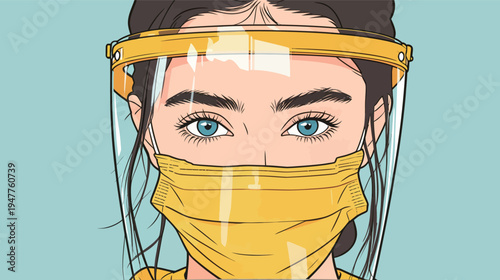 A woman stands wearing a yellow face mask and a clear face shield. She looks directly at the viewer, showing concern for safety.