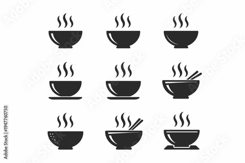 Steaming bowl icons set: asian food, tea, noodles, black silhouettes