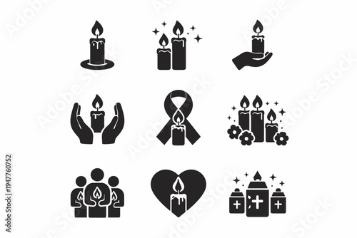 Candle icons: memorial, ceremony, and vigil symbol designs set
