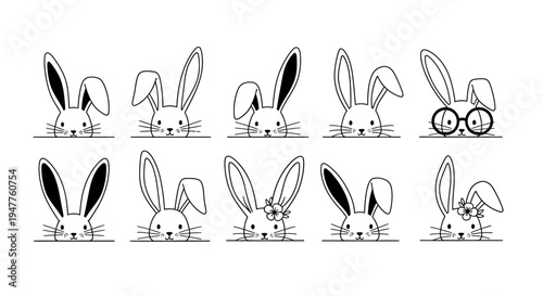 Collection of hand-drawn peeking bunny faces with various expressions and ear positions.