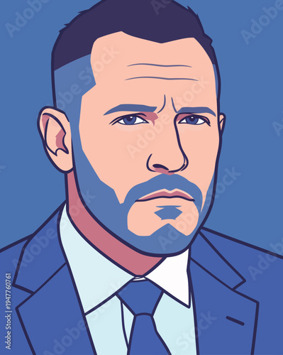 A man with a serious expression wears a suit and tie, with a blue background adding to the focus on him.
