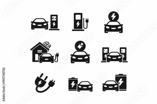 Electric vehicle charging icons set featuring cars and charging stations