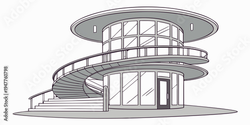 A futuristic building with a spiral ramp and circular roof Vector