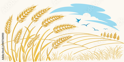A field of wheat with birds flying overhead Vector