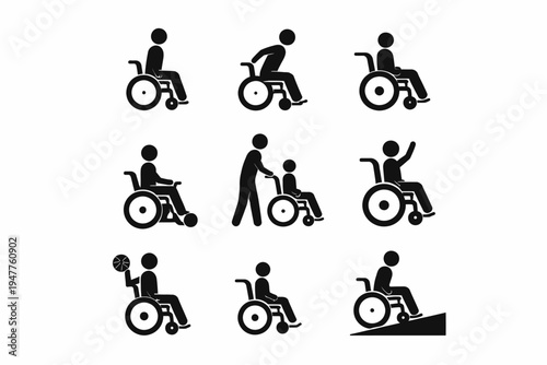 Wheelchair activities icons set including ramps, sports, and assistance