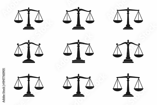 Pattern of black scales of justice symbols on white background