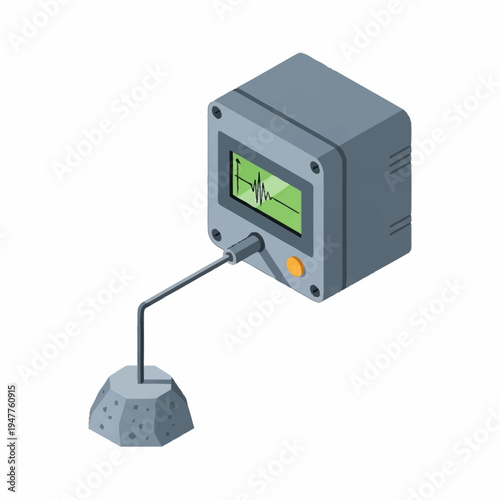 Isometric illustration of a scientific device measuring seismic activity from a rock sample.