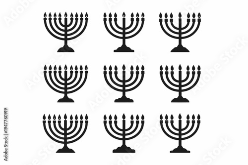 Set of nine black menorah icons with lit candles on white background