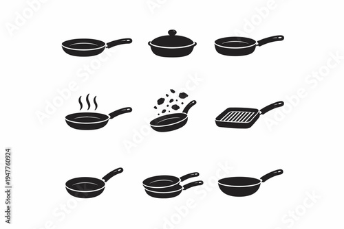 Collection of various cookware silhouettes: pans, pots, and skillets