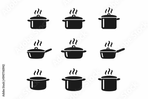 Collection of black cooking pot icons with steam symbols