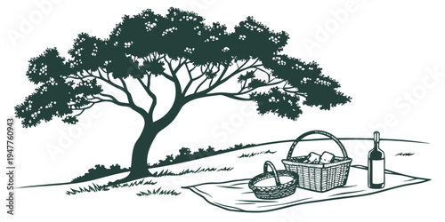 A tree next to a picnic setup Vector