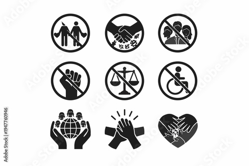Prohibition symbols: hygiene, accessibility, equality, social distance, family, justice, teamwork