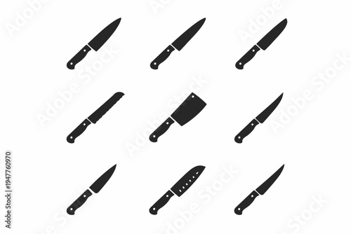 Collection of nine black kitchen knives on white background