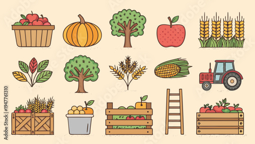 Colorful flat vector icons depicting agriculture and harvest elements, including fruits, vegetables, grains, farm equipment, trees, and fresh produce, perfect for seasonal designs