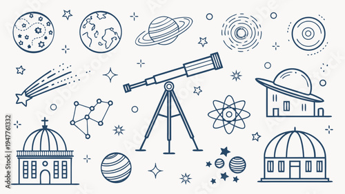 A comprehensive linear illustration depicting various elements of space exploration, astronomy, and cosmic phenomena, featuring planets, stars, telescopes, and celestial structures