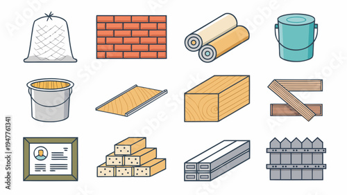 A comprehensive grid of stylized vector illustrations showcasing various common building materials and construction supplies essential for home improvement and architectural projects