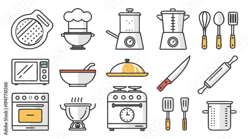 A comprehensive collection of outline style kitchen tools and cooking appliances, perfect for culinary themes and food preparation concepts