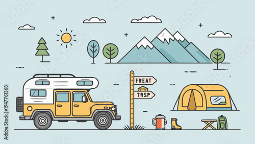 Vibrant Line Art Illustration of an Adventurous Road Trip with a Camper Van and Camping Gear Set Against a Scenic Mountain Landscape, Perfect for Outdoor Enthusiasts