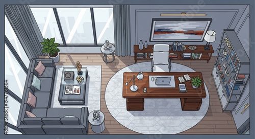 Modern Office Interior Design with Desk and Seating Area.