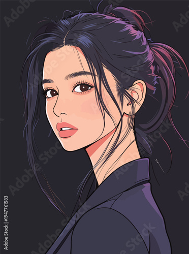 A woman stands facing the viewer with long dark hair styled in a loose updo.