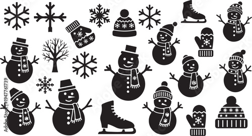 Winter icons featuring snowmen and snowflakes in black silhouette
