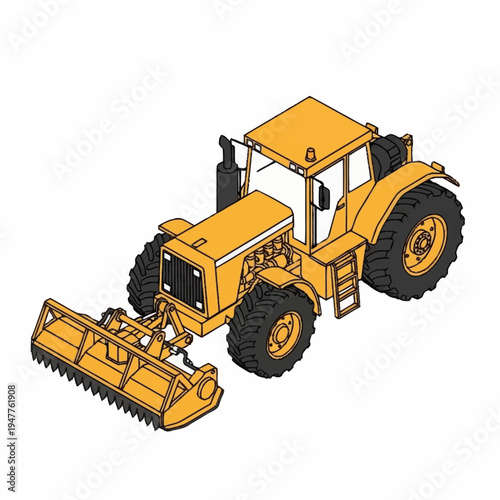 A yellow tractor with a front-mounted rotary tiller attachment, viewed from a three-quarter front angle against a white background.