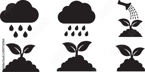Plant Growth and Rain Watering Icon Set Vector Graphics