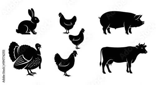 Collection of Farm Animals Silhouettes on White Background.