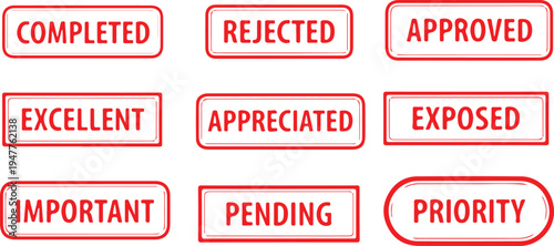 Red Rubber Stamps with Various Status Words text completed