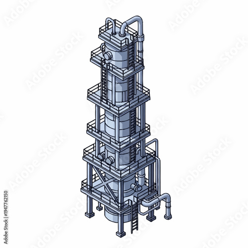Isometric illustration of a tall industrial distillation column with multiple levels and platforms, showcasing complex piping and structural elements.