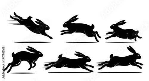 Dynamic black silhouettes of rabbits in various running and jumping poses.