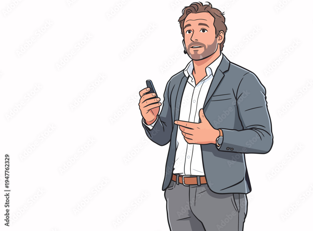 Naklejka premium A man stands in an office wearing a suit and holding a smartphone while sharing information with others during a meeting.