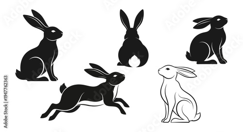 Collection of various rabbit silhouettes and one detailed line art illustration.