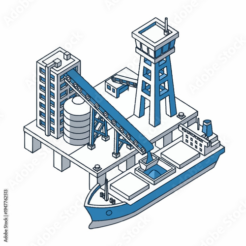 Isometric illustration of a cargo ship being loaded at a port facility.